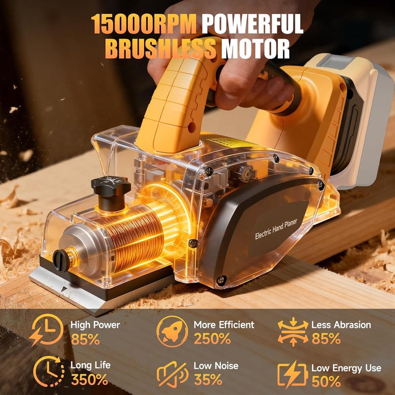Labfintom Cordless Hand Planer for De-walt 20v Battery, 3-1/4 Inch Electric Wood Planer 15000 RPM with Depth Adjustment & Safety Lock, Brushless Motor Handheld Planer for Woodworking and Home DIY(No Battery) - Image 4